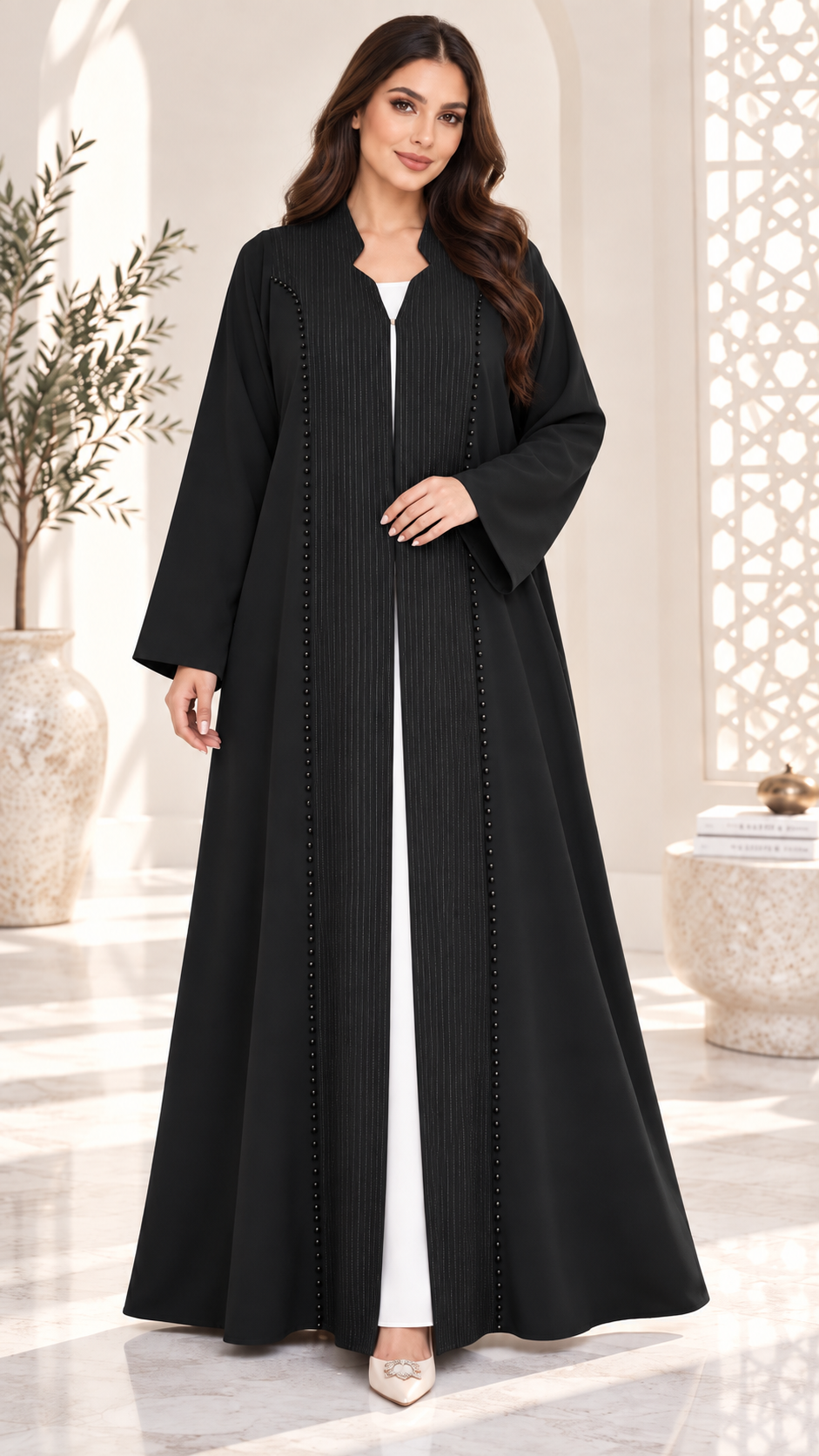Embellished Front Panel Open Abaya | Bead Detail | Modest Fashion UAE | AF1001