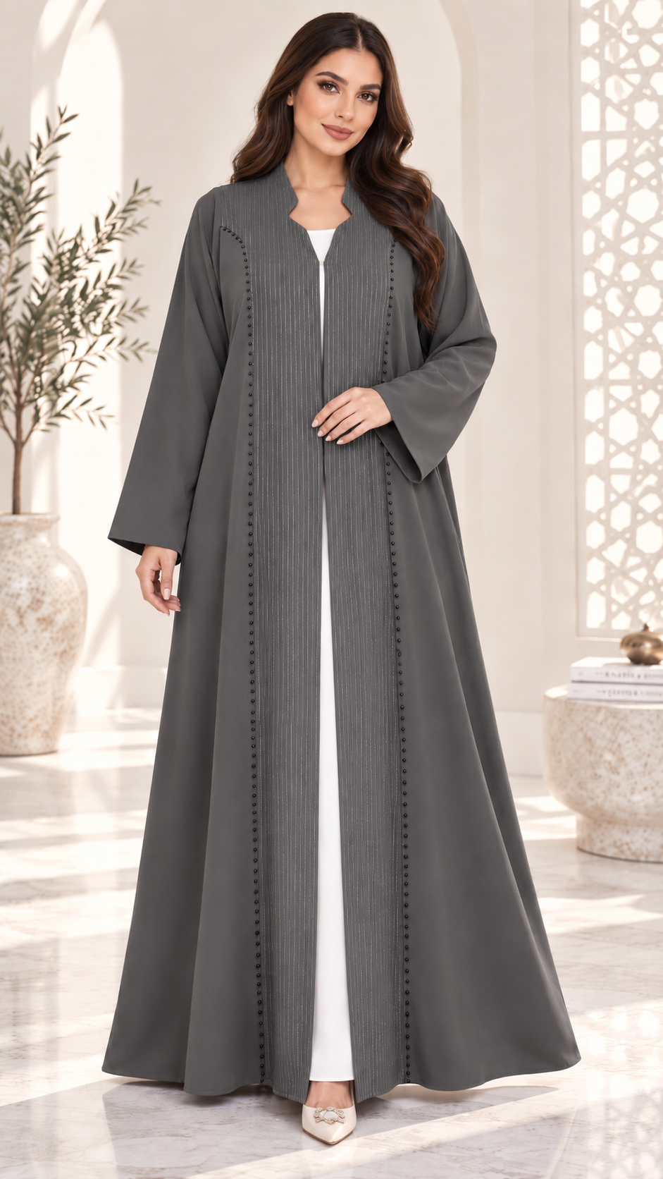 Embellished Front Panel Open Abaya | Bead Detail | Modest Fashion UAE | AF1001