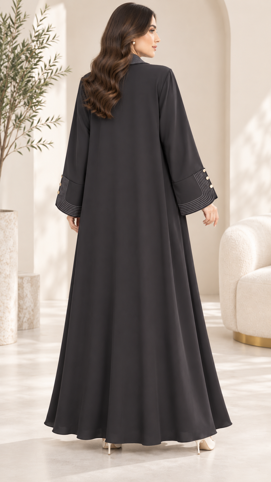Contrast Stitch Lapel Abaya with Gold Buttons | Nida Fabric | Workwear Abaya UAE | AF1002