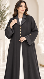Contrast Stitch Lapel Abaya with Gold Buttons | Nida Fabric | Workwear Abaya UAE | AF1002