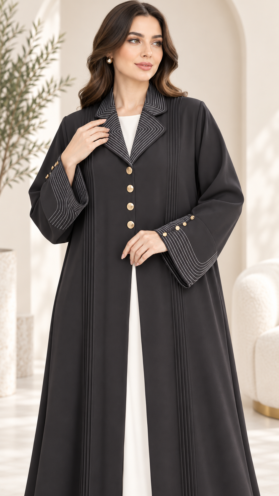 Contrast Stitch Lapel Abaya with Gold Buttons | Nida Fabric | Workwear Abaya UAE | AF1002