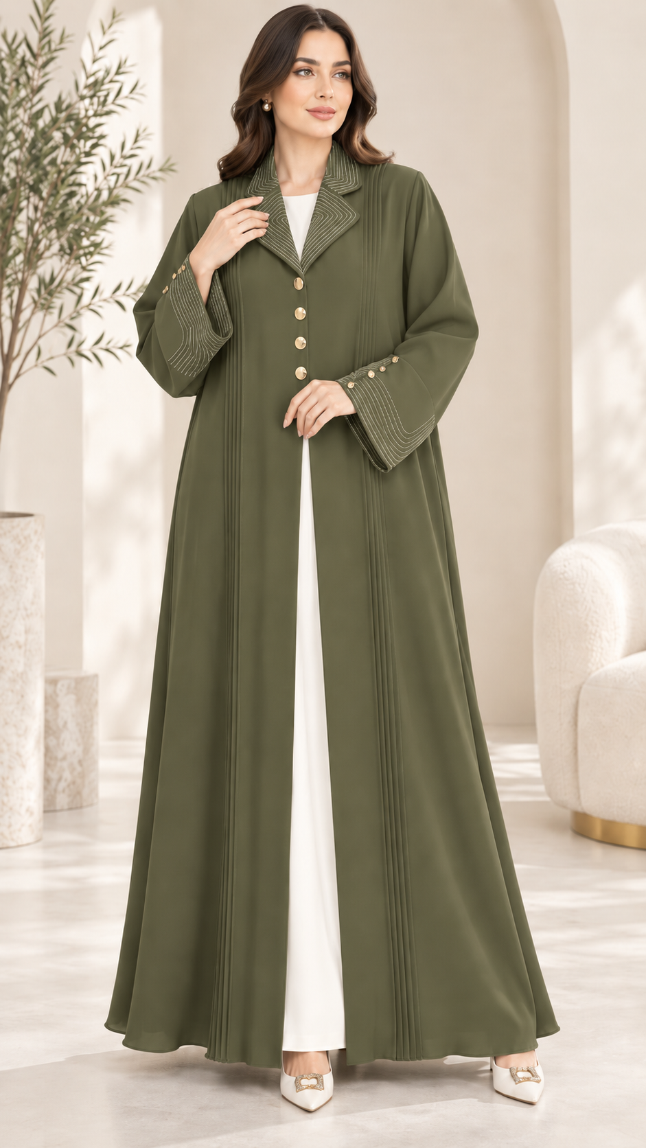 Contrast Stitch Lapel Abaya with Gold Buttons | Nida Fabric | Workwear Abaya UAE | AF1002