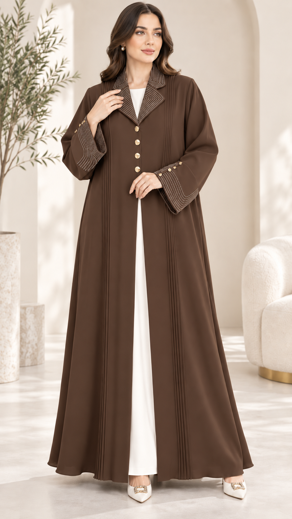 Contrast Stitch Lapel Abaya with Gold Buttons | Nida Fabric | Workwear Abaya UAE | AF1002