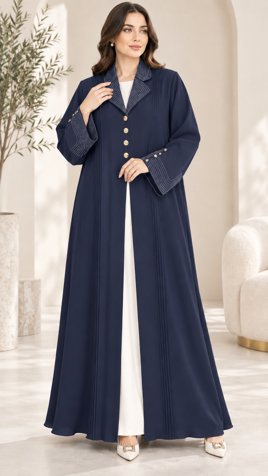 Contrast Stitch Lapel Abaya with Gold Buttons | Nida Fabric | Workwear Abaya UAE | AF1002