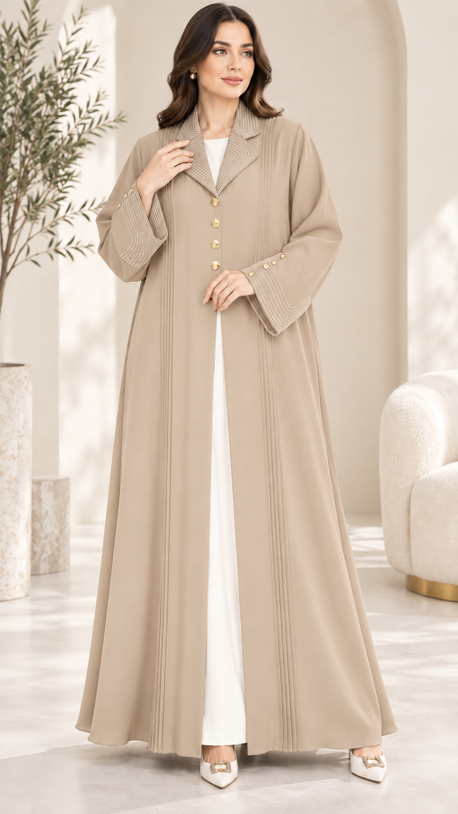 Contrast Stitch Lapel Abaya with Gold Buttons | Nida Fabric | Workwear Abaya UAE | AF1002