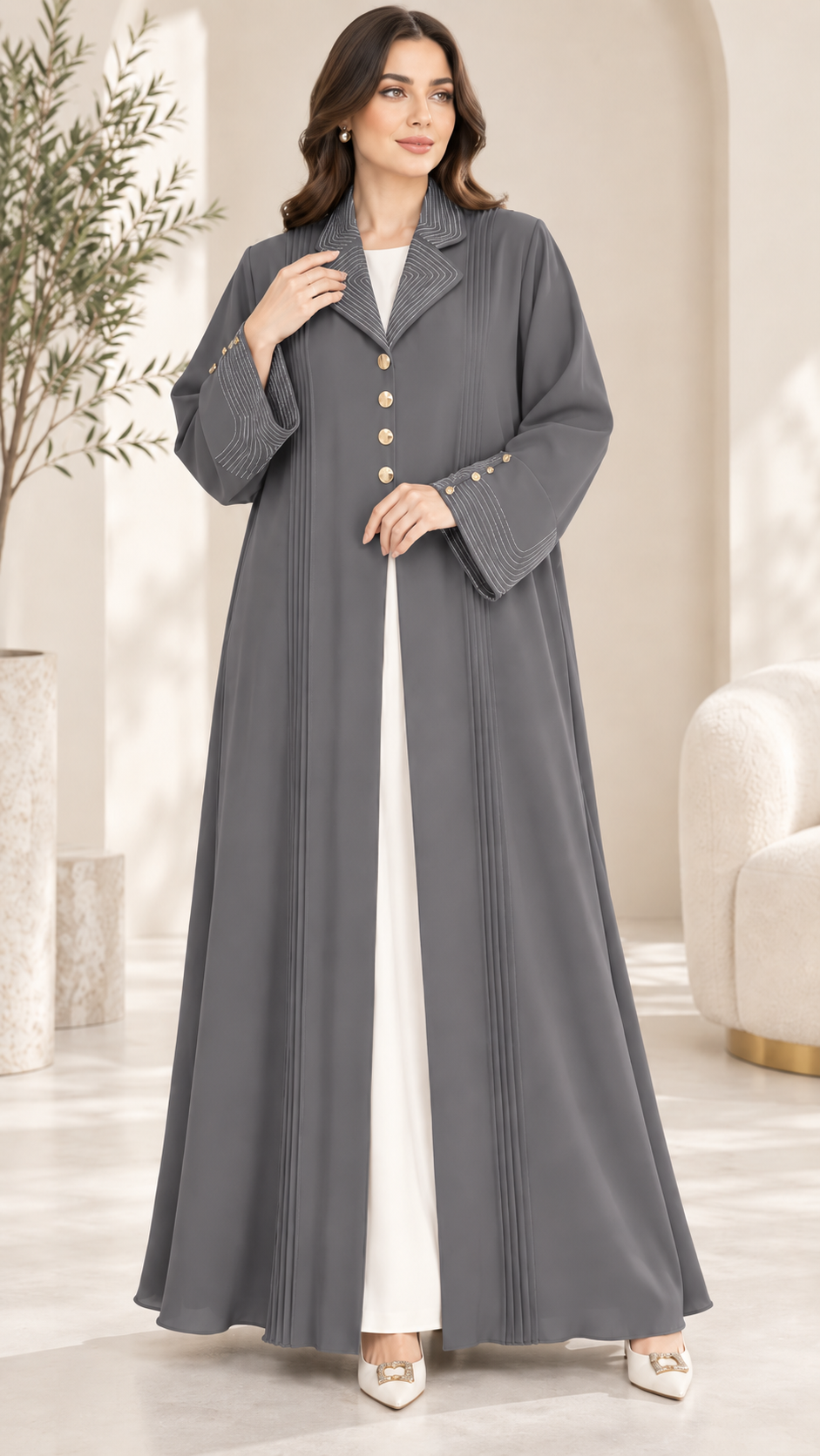 Contrast Stitch Lapel Abaya with Gold Buttons | Nida Fabric | Workwear Abaya UAE | AF1002