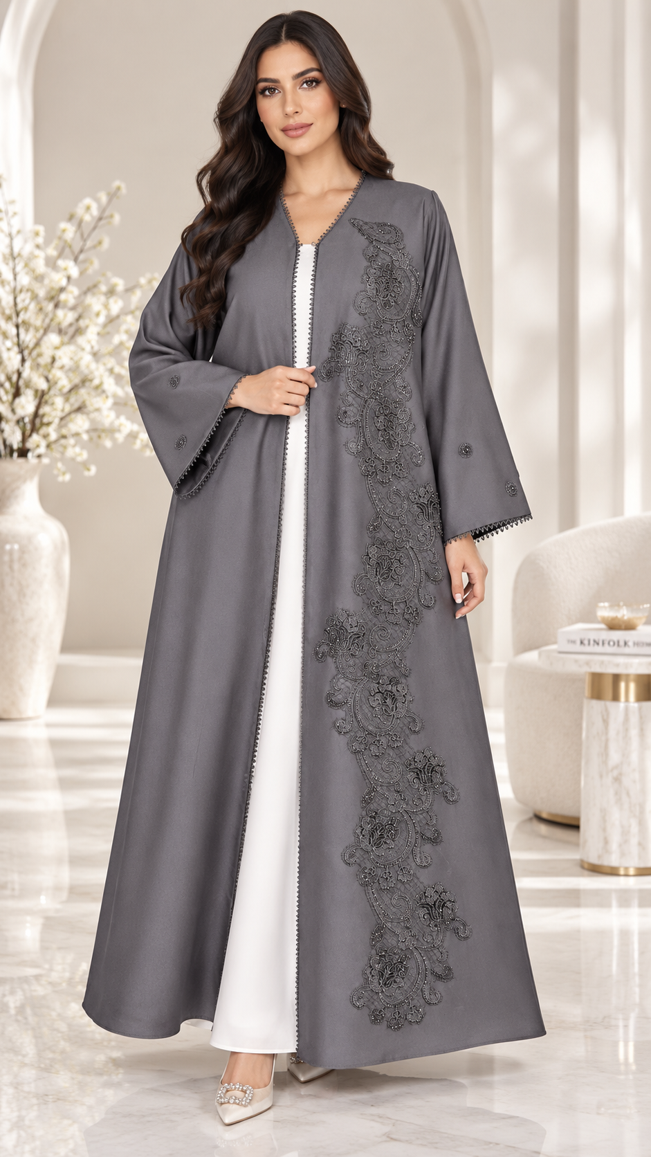 Paisley Lace & Bead Embellished Open Abaya | Bridal Satin | Luxury Modest Wear UAE | AF1003