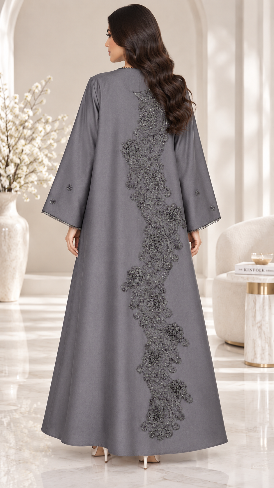 Paisley Lace & Bead Embellished Open Abaya | Bridal Satin | Luxury Modest Wear UAE | AF1003