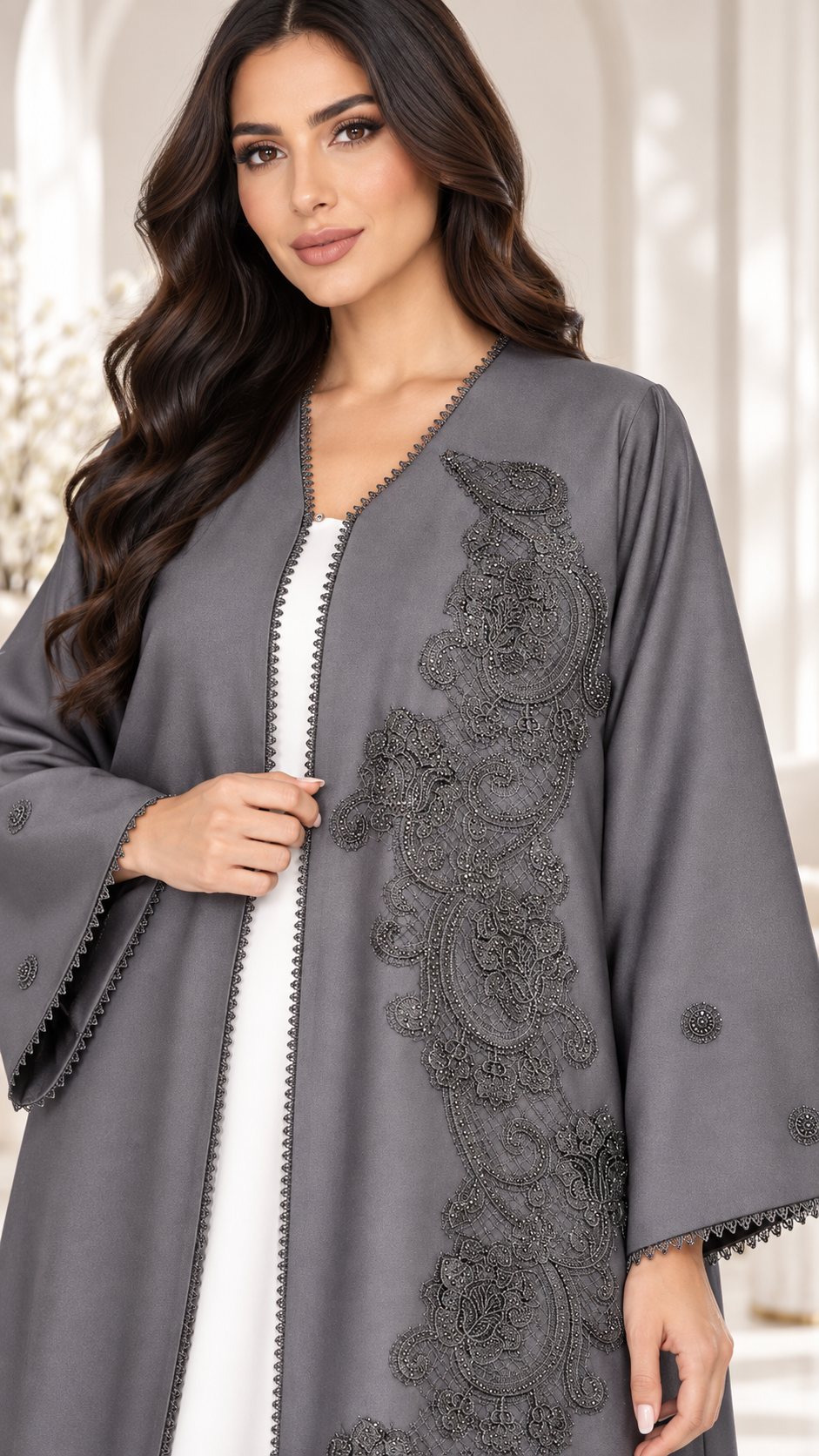 Paisley Lace & Bead Embellished Open Abaya | Bridal Satin | Luxury Modest Wear UAE | AF1003