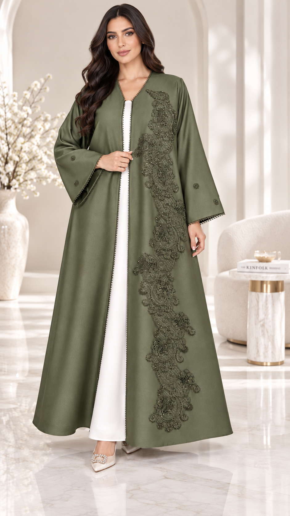 Paisley Lace & Bead Embellished Open Abaya | Bridal Satin | Luxury Modest Wear UAE | AF1003