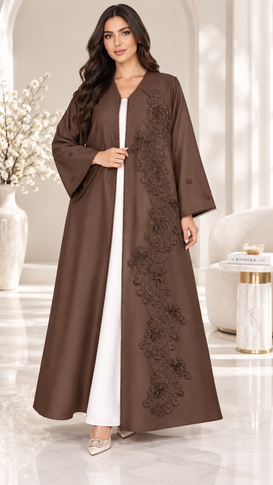 Paisley Lace & Bead Embellished Open Abaya | Bridal Satin | Luxury Modest Wear UAE | AF1003
