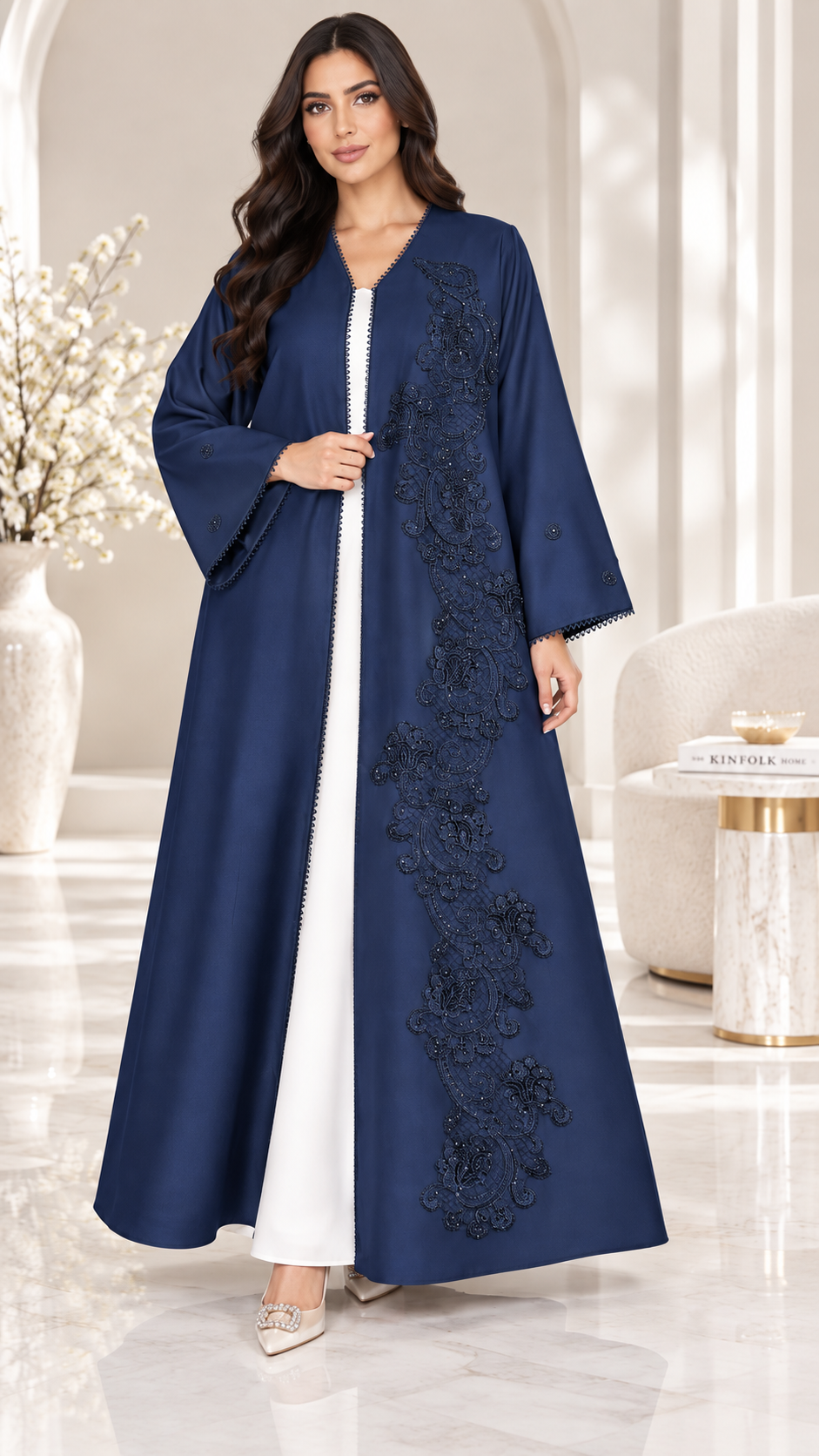 Paisley Lace & Bead Embellished Open Abaya | Bridal Satin | Luxury Modest Wear UAE | AF1003