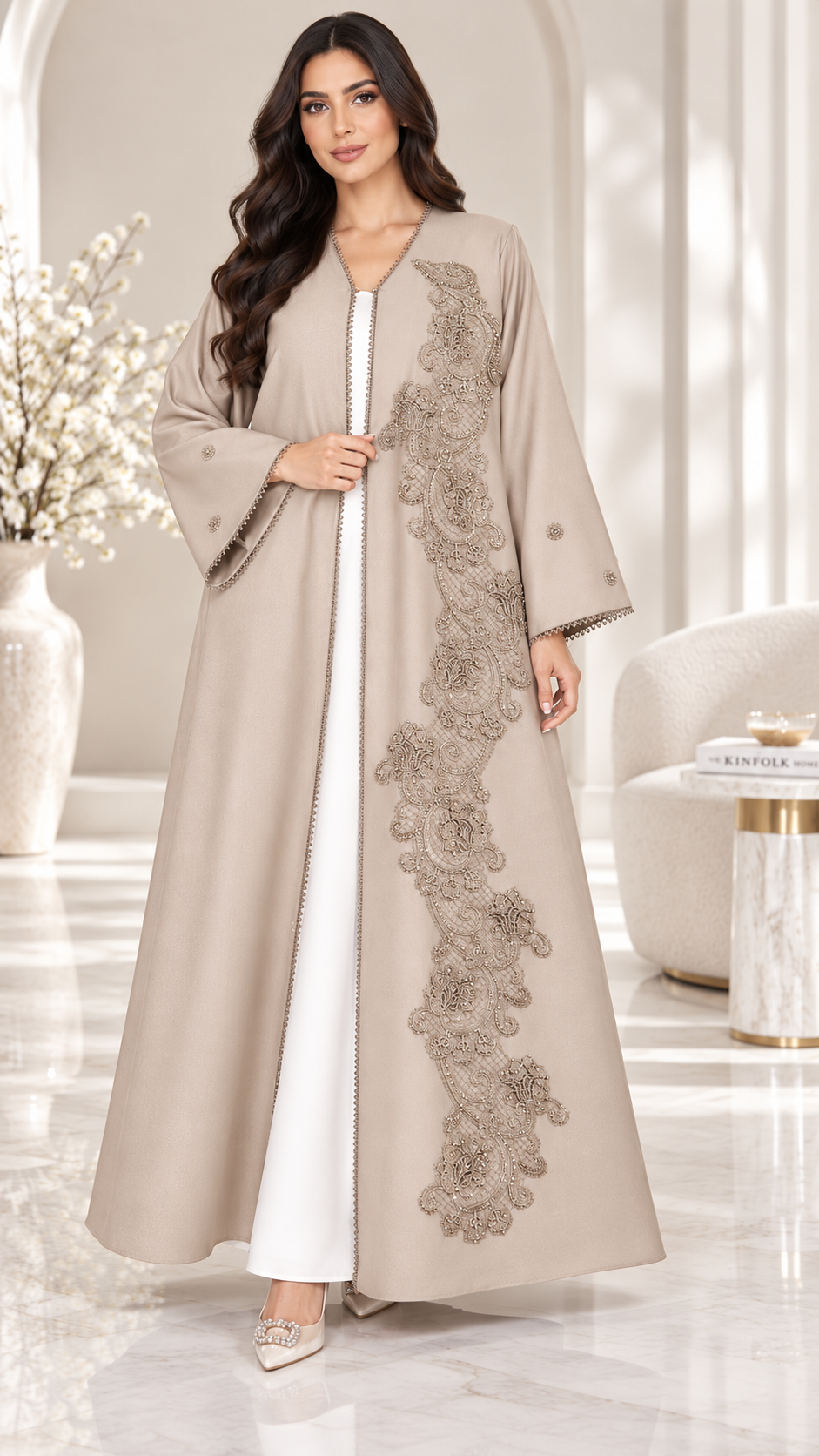 Paisley Lace & Bead Embellished Open Abaya | Bridal Satin | Luxury Modest Wear UAE | AF1003
