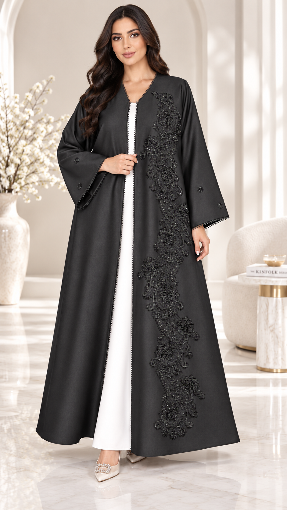 Paisley Lace & Bead Embellished Open Abaya | Bridal Satin | Luxury Modest Wear UAE | AF1003