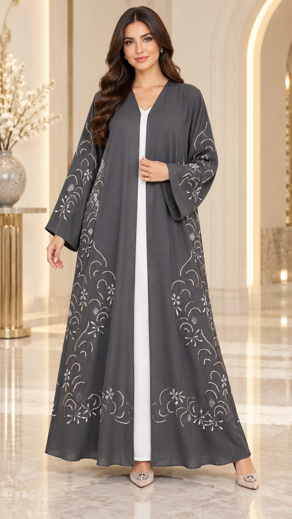 Crystal Vine Embellished Open Abaya | Stone & Embroidery | Special Occasion Abaya UAE | AF1004