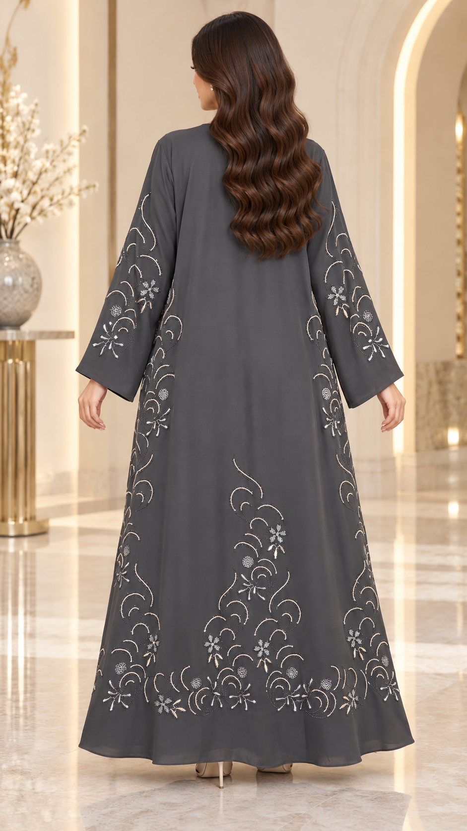 Crystal Vine Embellished Open Abaya | Stone & Embroidery | Special Occasion Abaya UAE | AF1004
