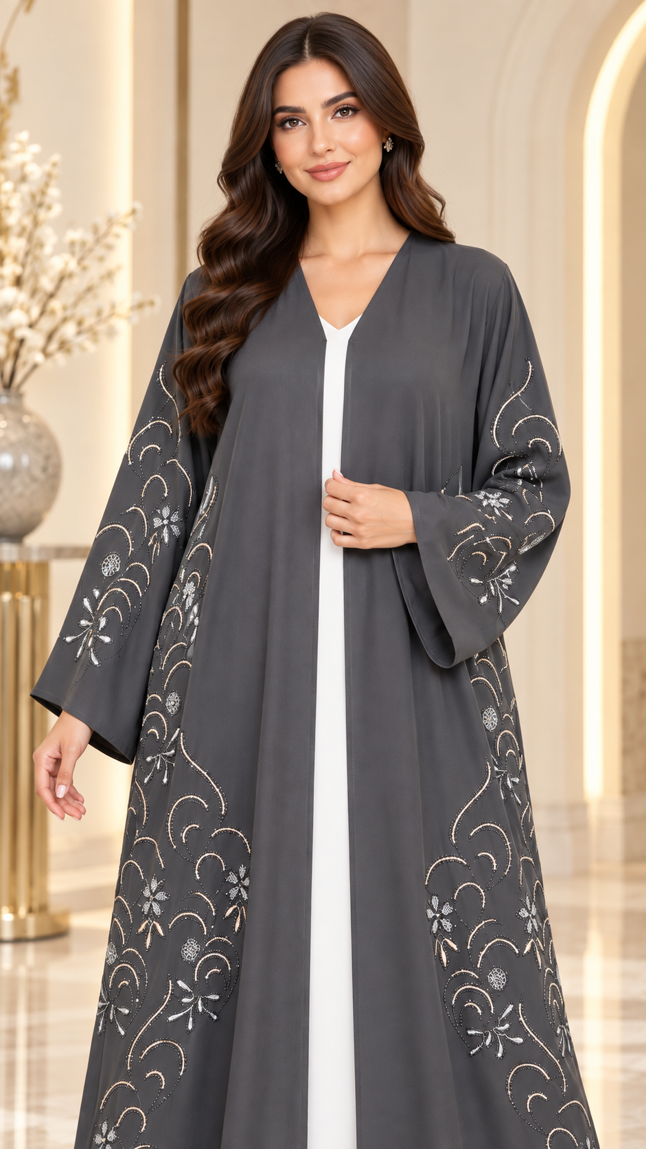Crystal Vine Embellished Open Abaya | Stone & Embroidery | Special Occasion Abaya UAE | AF1004