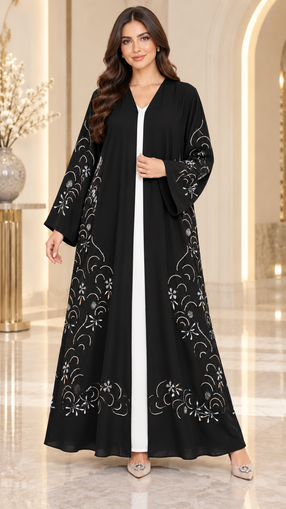 Crystal Vine Embellished Open Abaya | Stone & Embroidery | Special Occasion Abaya UAE | AF1004