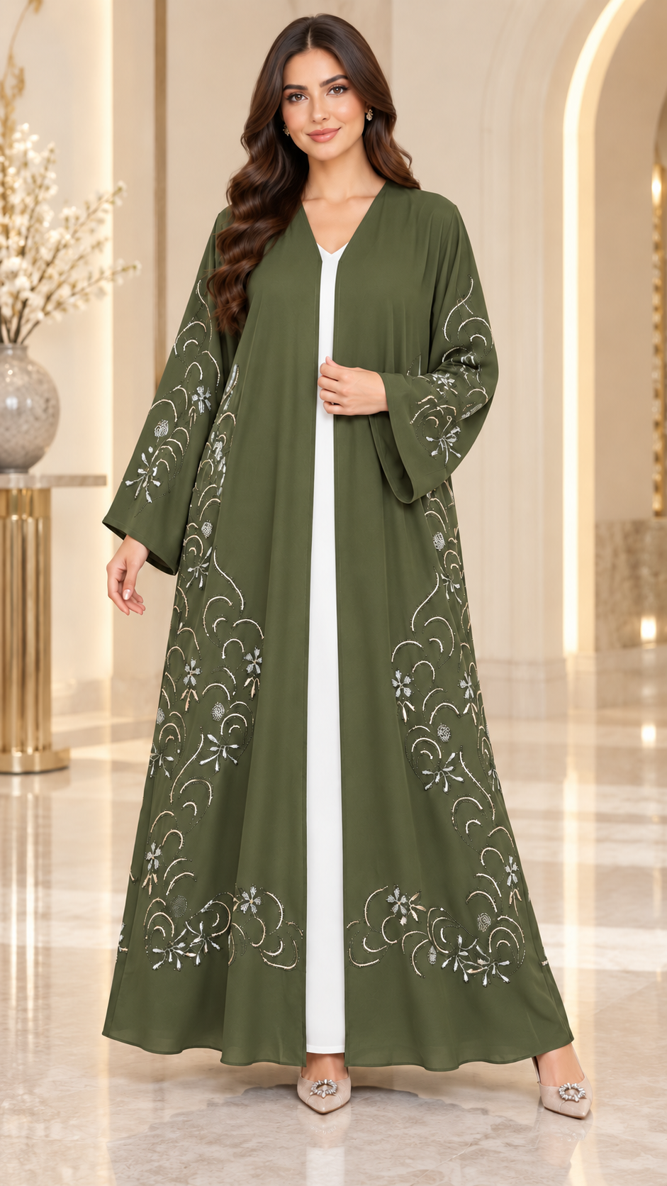 Crystal Vine Embellished Open Abaya | Stone & Embroidery | Special Occasion Abaya UAE | AF1004