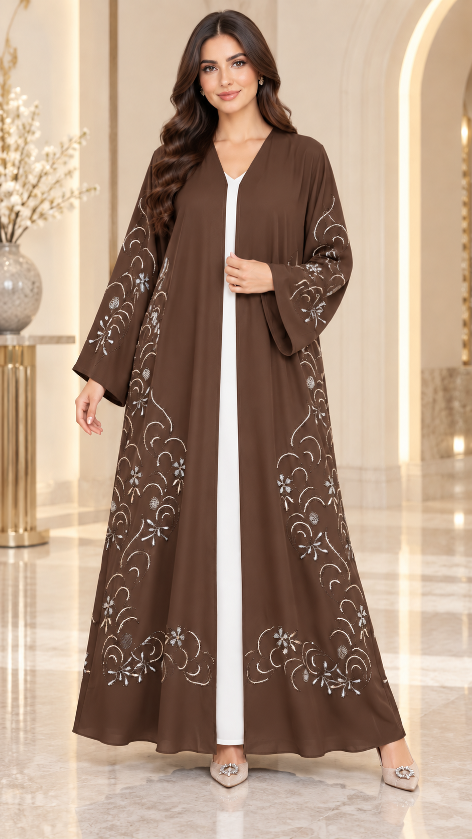 Crystal Vine Embellished Open Abaya | Stone & Embroidery | Special Occasion Abaya UAE | AF1004