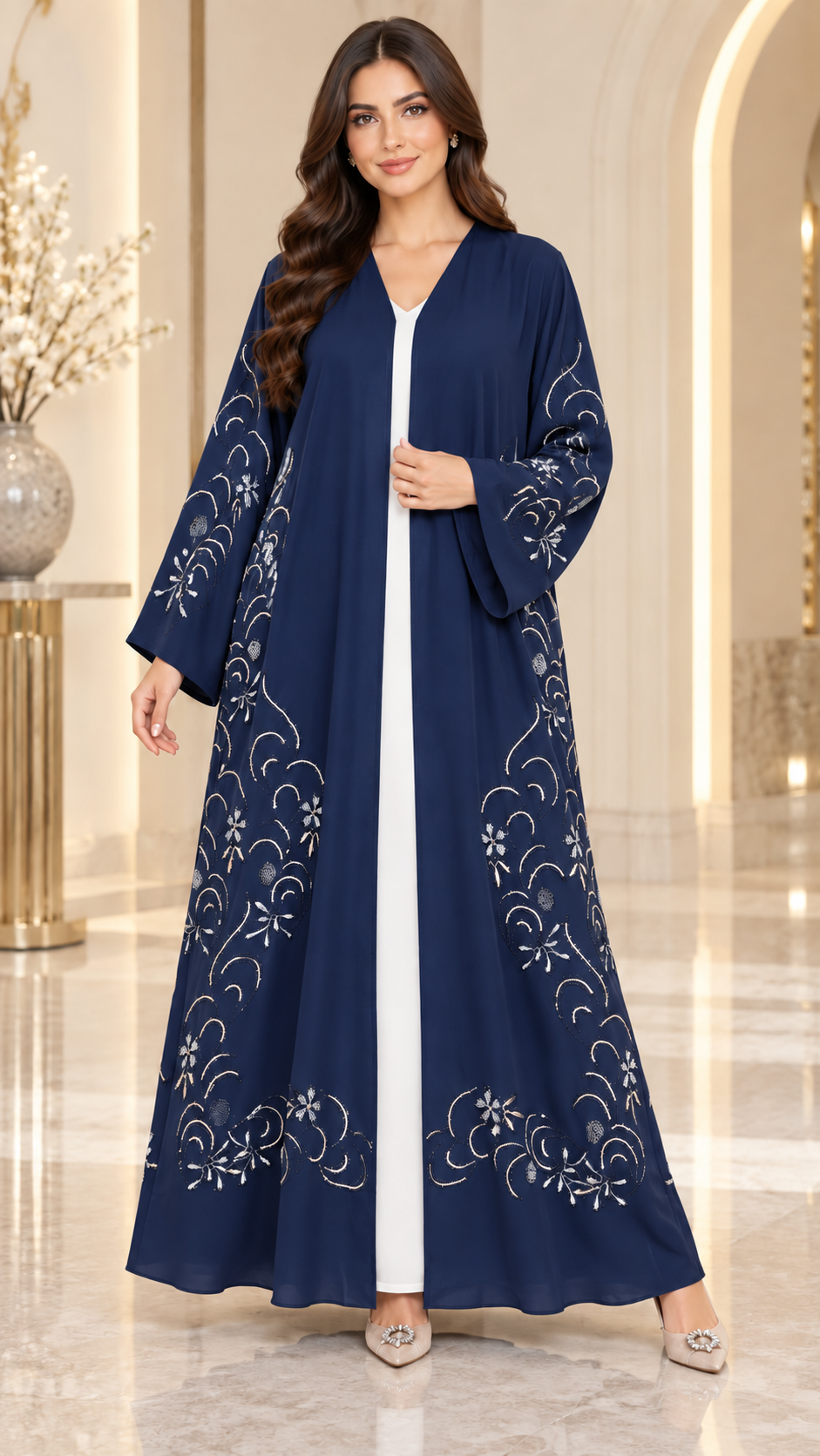 Crystal Vine Embellished Open Abaya | Stone & Embroidery | Special Occasion Abaya UAE | AF1004