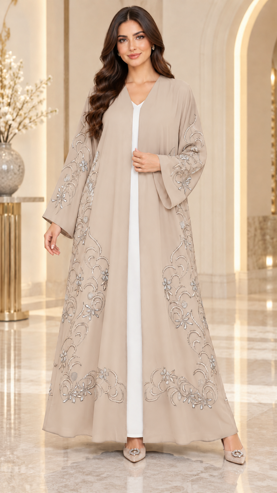 Crystal Vine Embellished Open Abaya | Stone & Embroidery | Special Occasion Abaya UAE | AF1004