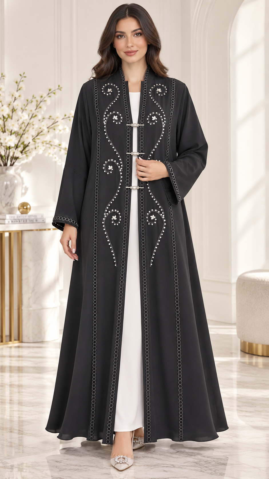 Crystal Vine Lace & Bead Open Abaya | Metallic Clasp Detail | Luxury Abaya UAE | AF1005