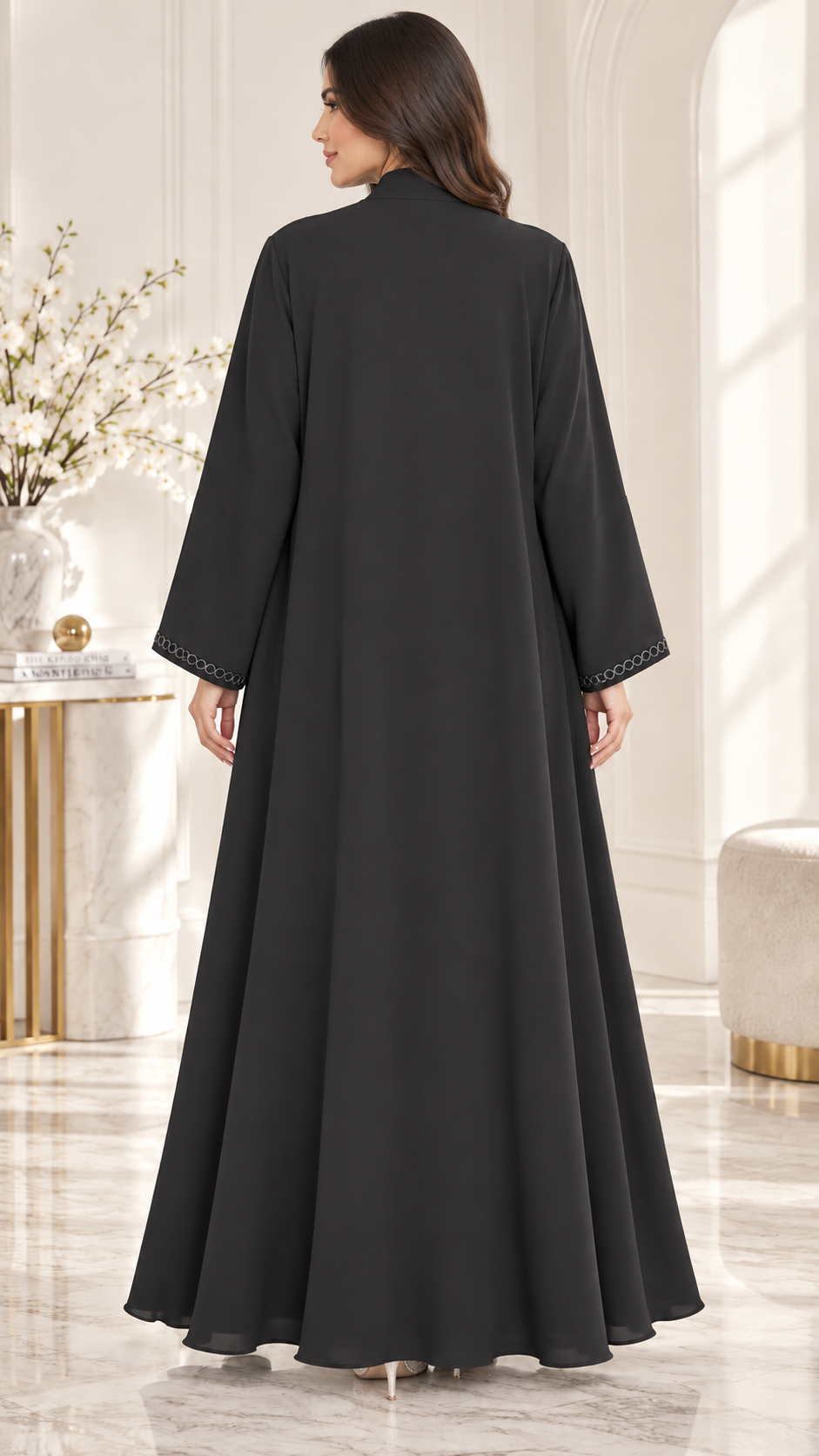 Crystal Vine Lace & Bead Open Abaya | Metallic Clasp Detail | Luxury Abaya UAE | AF1005