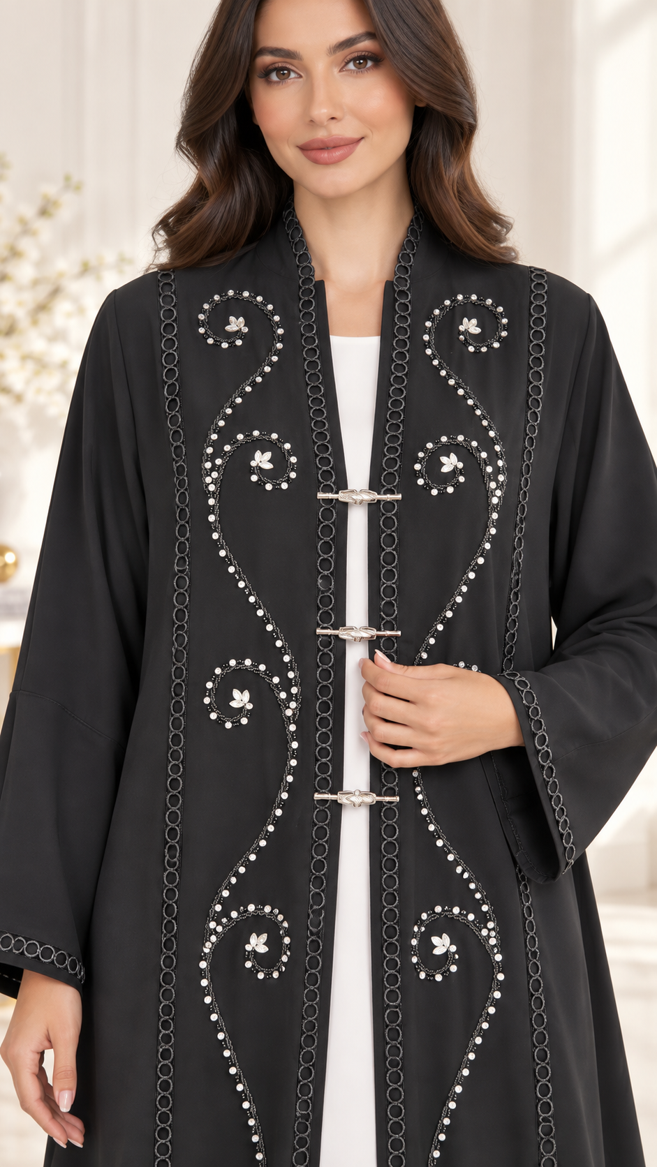 Crystal Vine Lace & Bead Open Abaya | Metallic Clasp Detail | Luxury Abaya UAE | AF1005