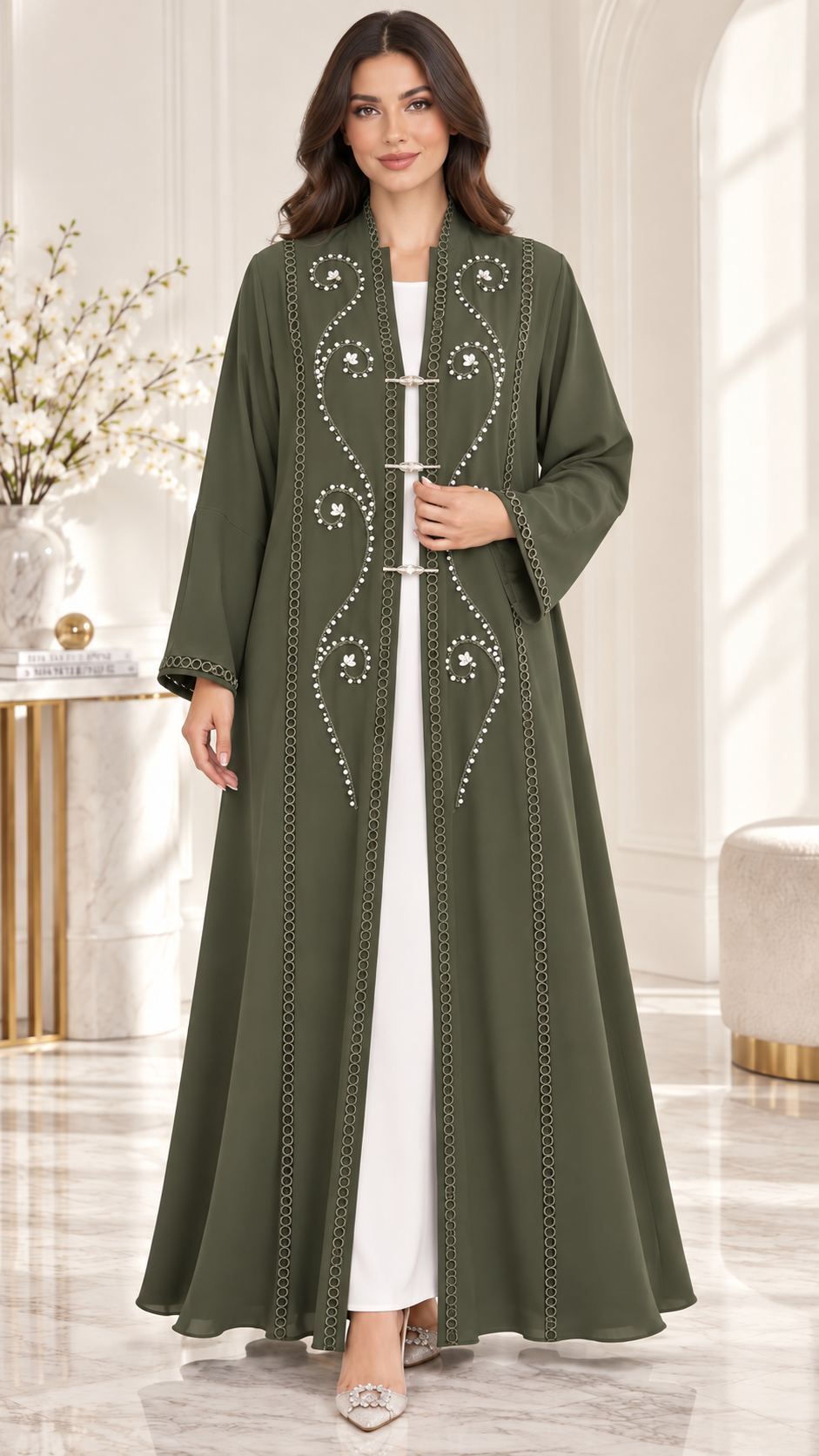 Crystal Vine Lace & Bead Open Abaya | Metallic Clasp Detail | Luxury Abaya UAE | AF1005