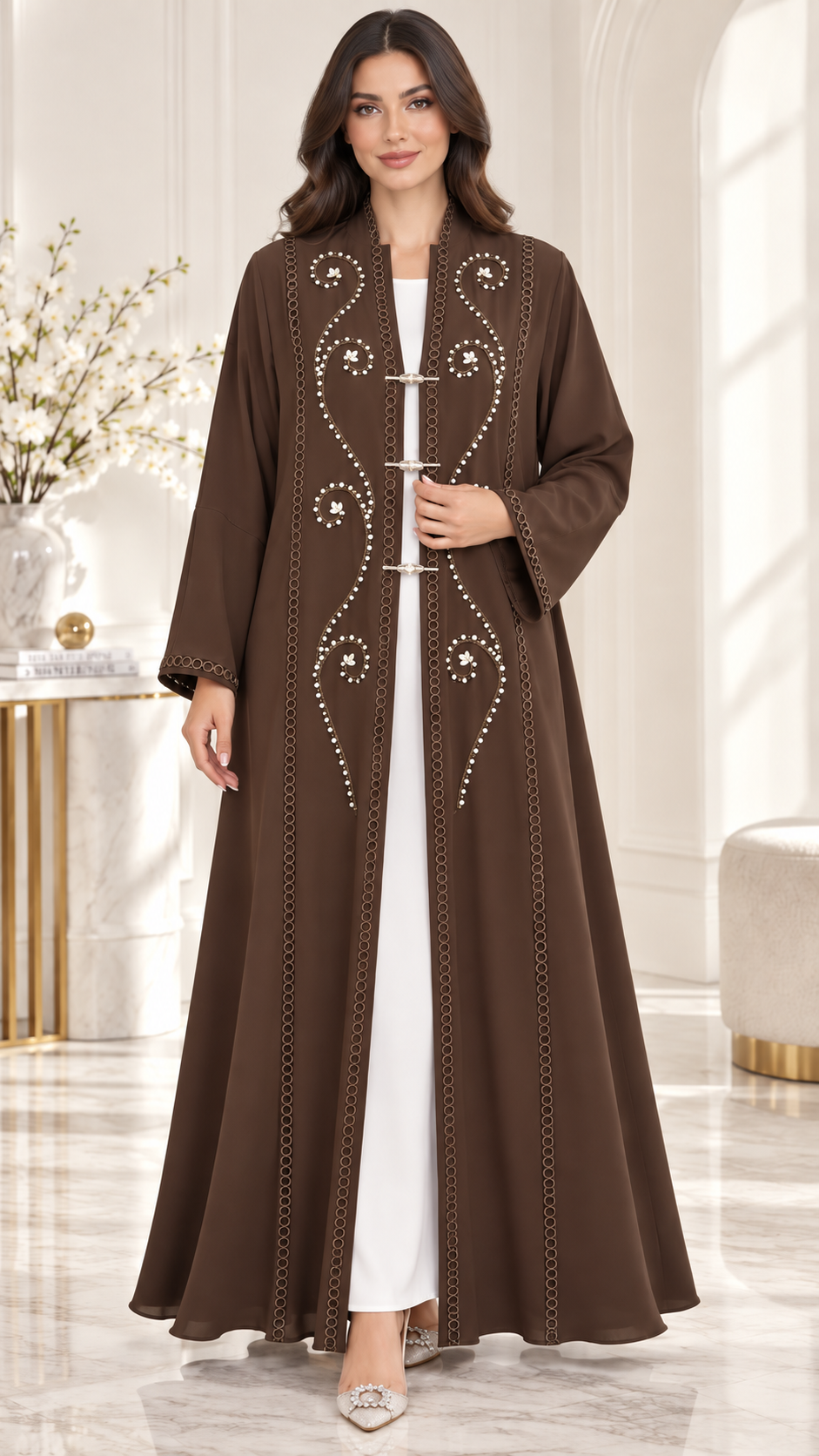 Crystal Vine Lace & Bead Open Abaya | Metallic Clasp Detail | Luxury Abaya UAE | AF1005