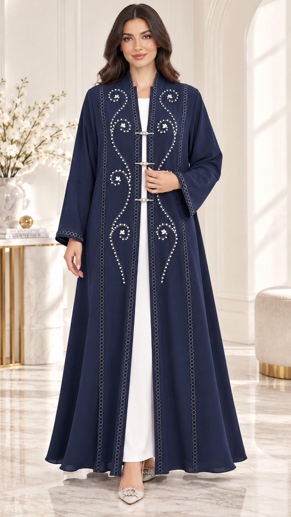Crystal Vine Lace & Bead Open Abaya | Metallic Clasp Detail | Luxury Abaya UAE | AF1005