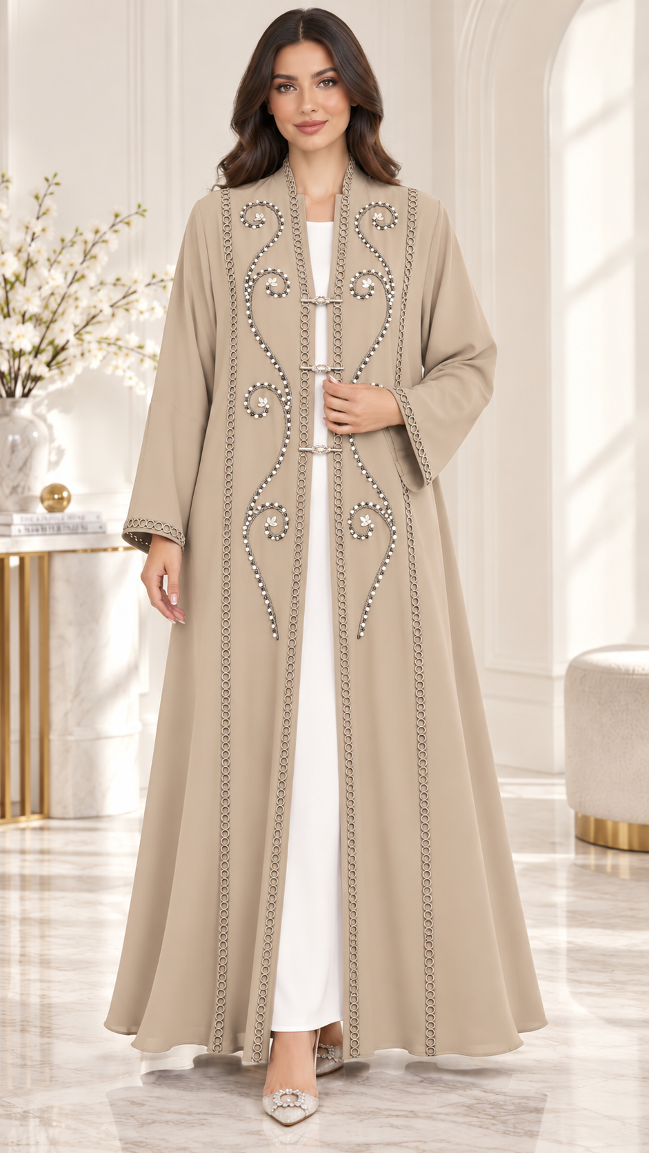 Crystal Vine Lace & Bead Open Abaya | Metallic Clasp Detail | Luxury Abaya UAE | AF1005