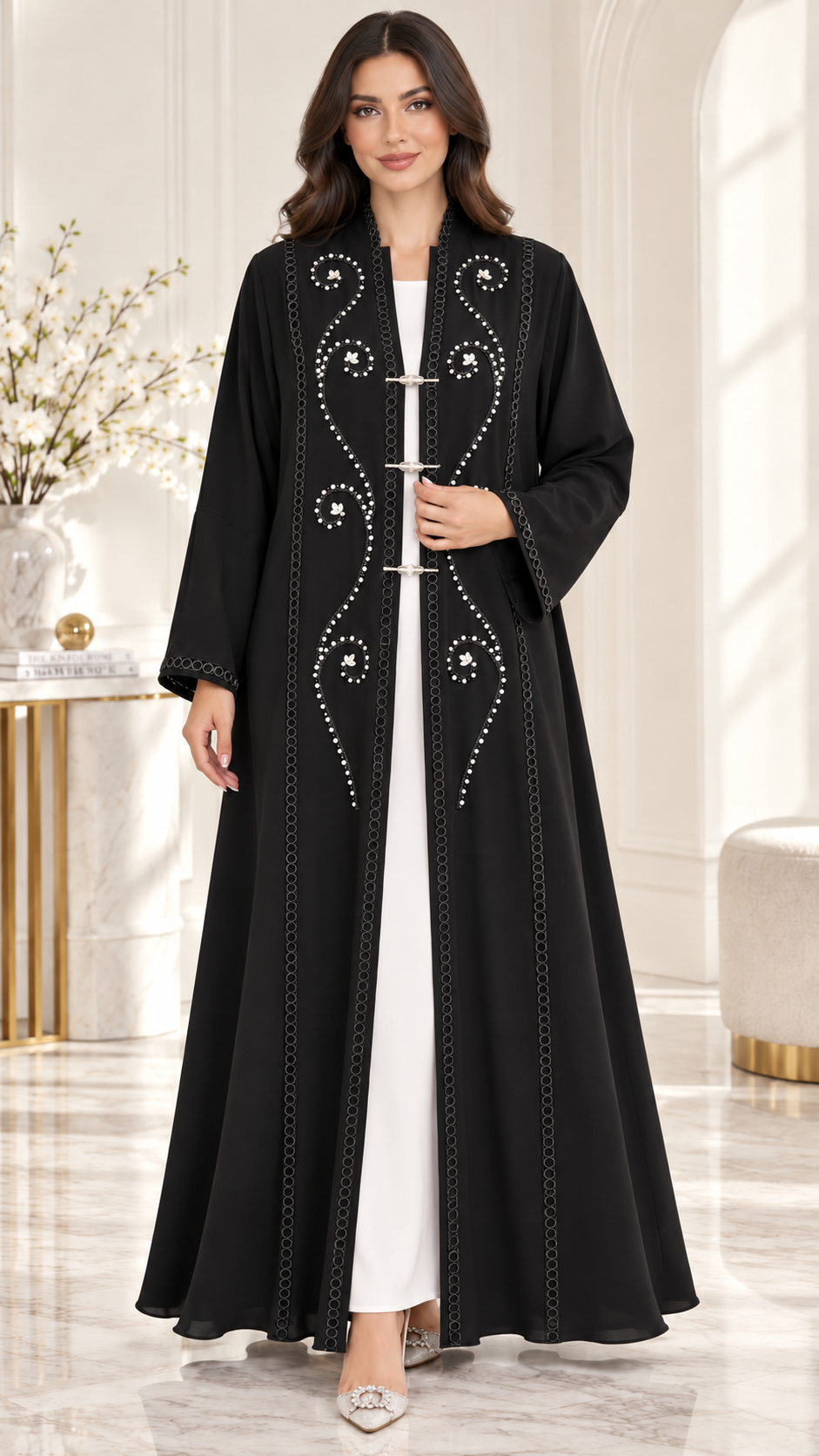 Crystal Vine Lace & Bead Open Abaya | Metallic Clasp Detail | Luxury Abaya UAE | AF1005