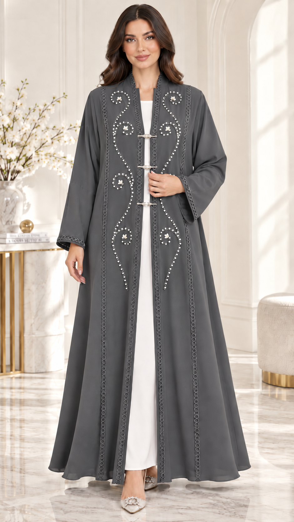 Crystal Vine Lace & Bead Open Abaya | Metallic Clasp Detail | Luxury Abaya UAE | AF1005