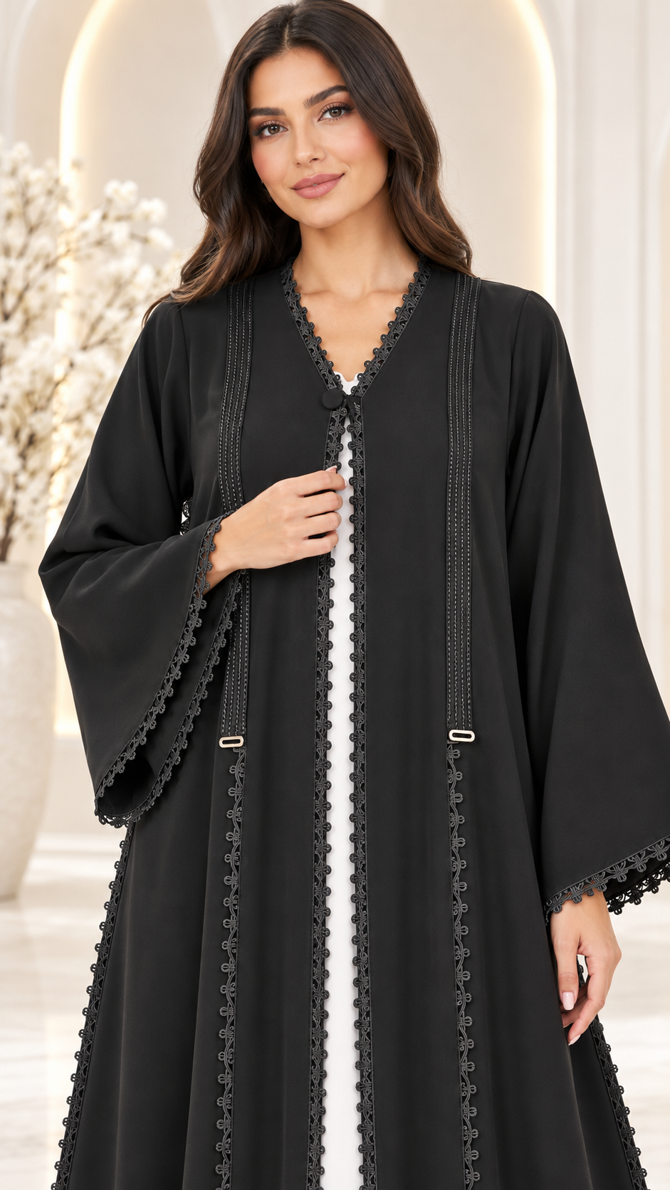 Loop Trim Open Abaya | Nida Fabric | Everyday Modest Fashion UAE | AF1006