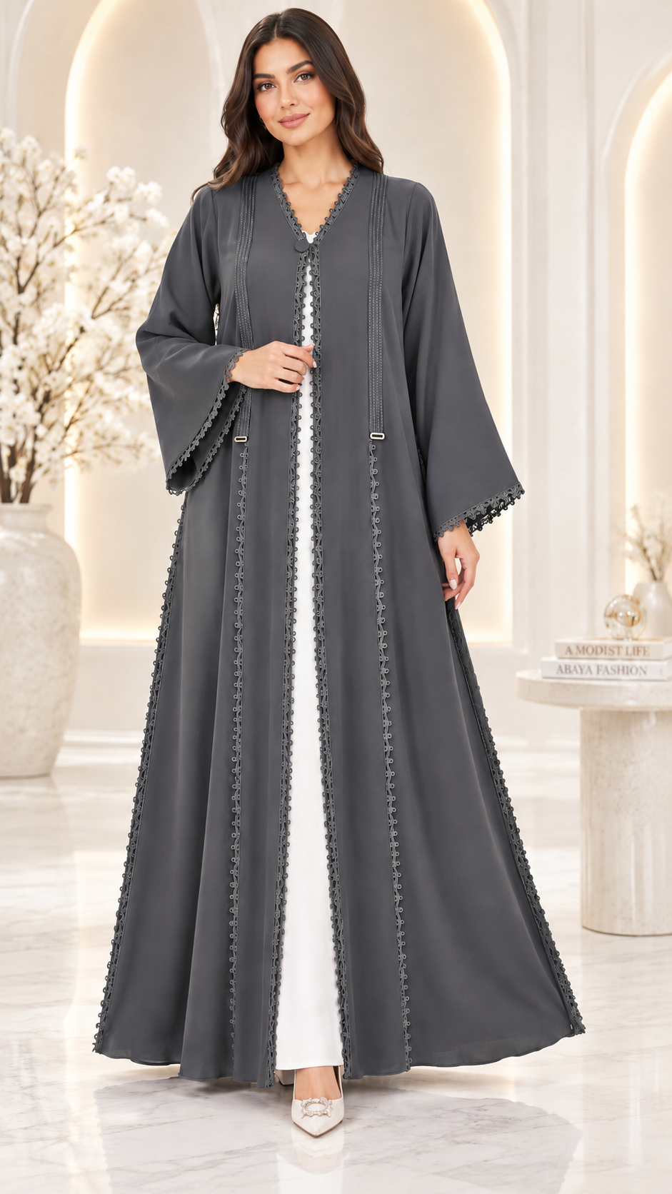 Loop Trim Open Abaya | Nida Fabric | Everyday Modest Fashion UAE | AF1006