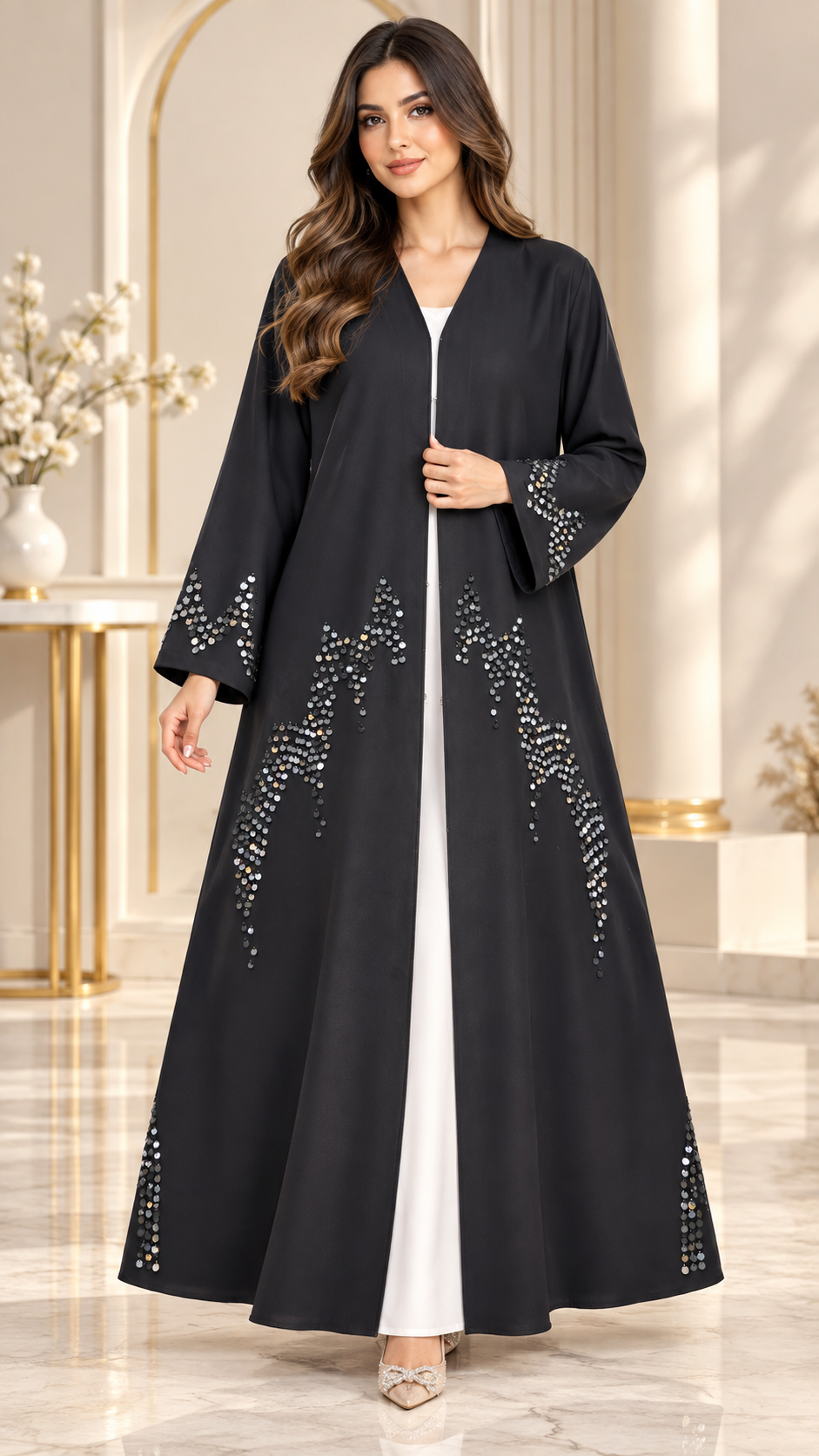 Silver Cascade Embellished Open Abaya - AF1029