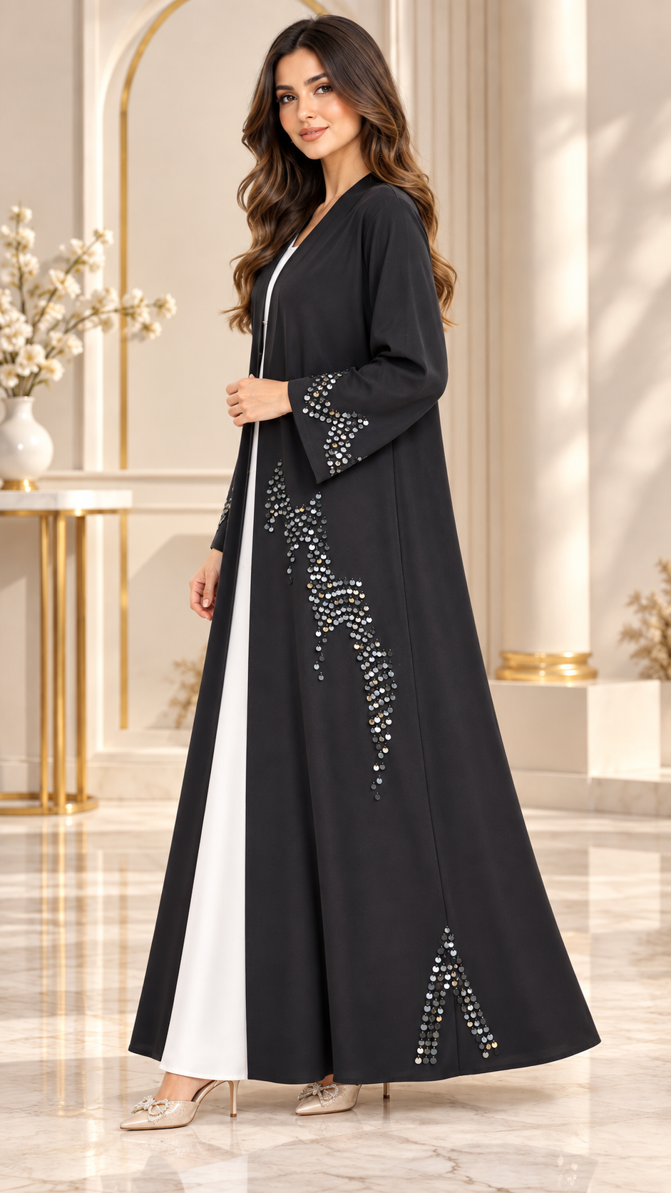 Silver Cascade Embellished Open Abaya - AF1029