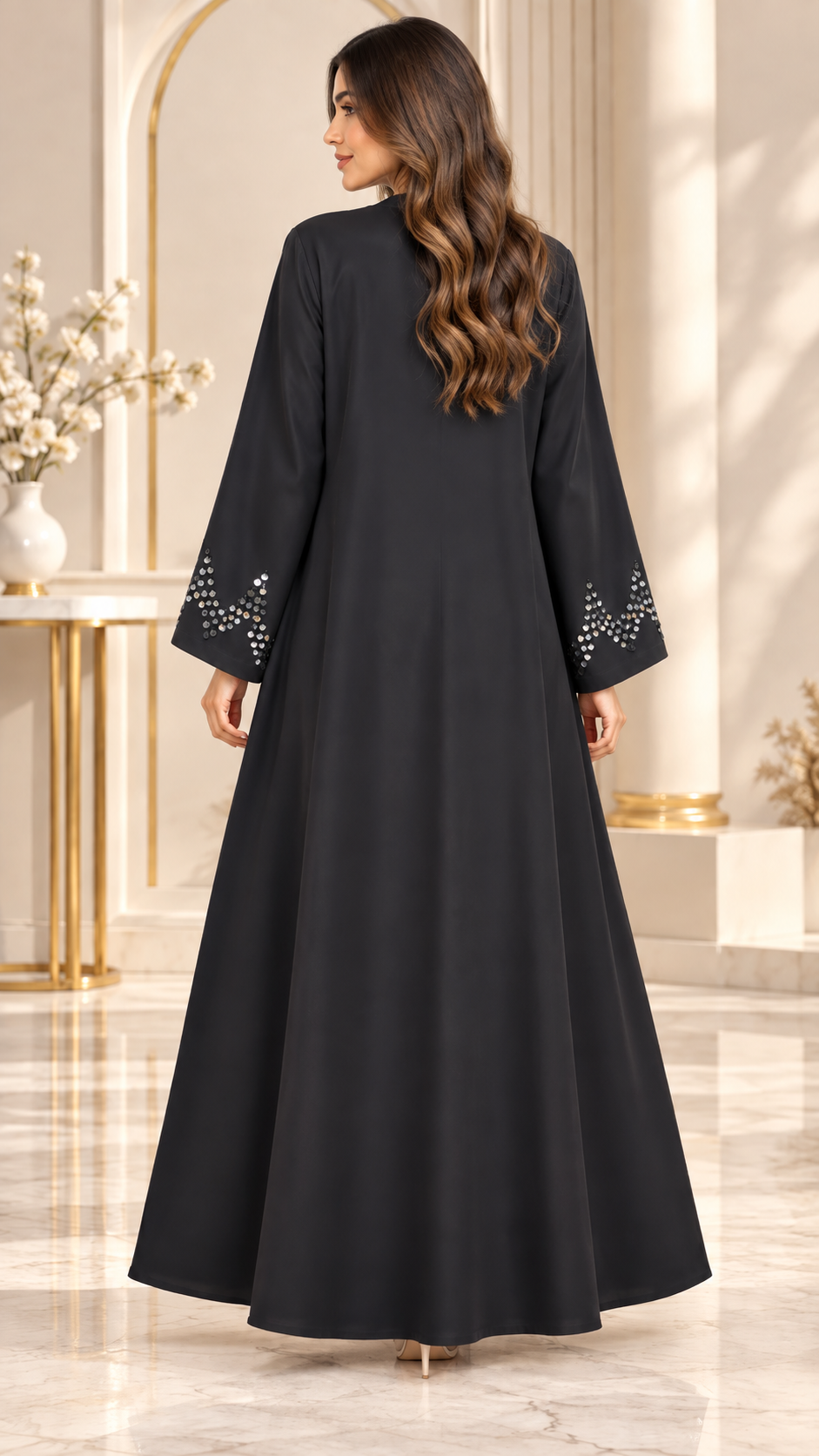 Silver Cascade Embellished Open Abaya - AF1029
