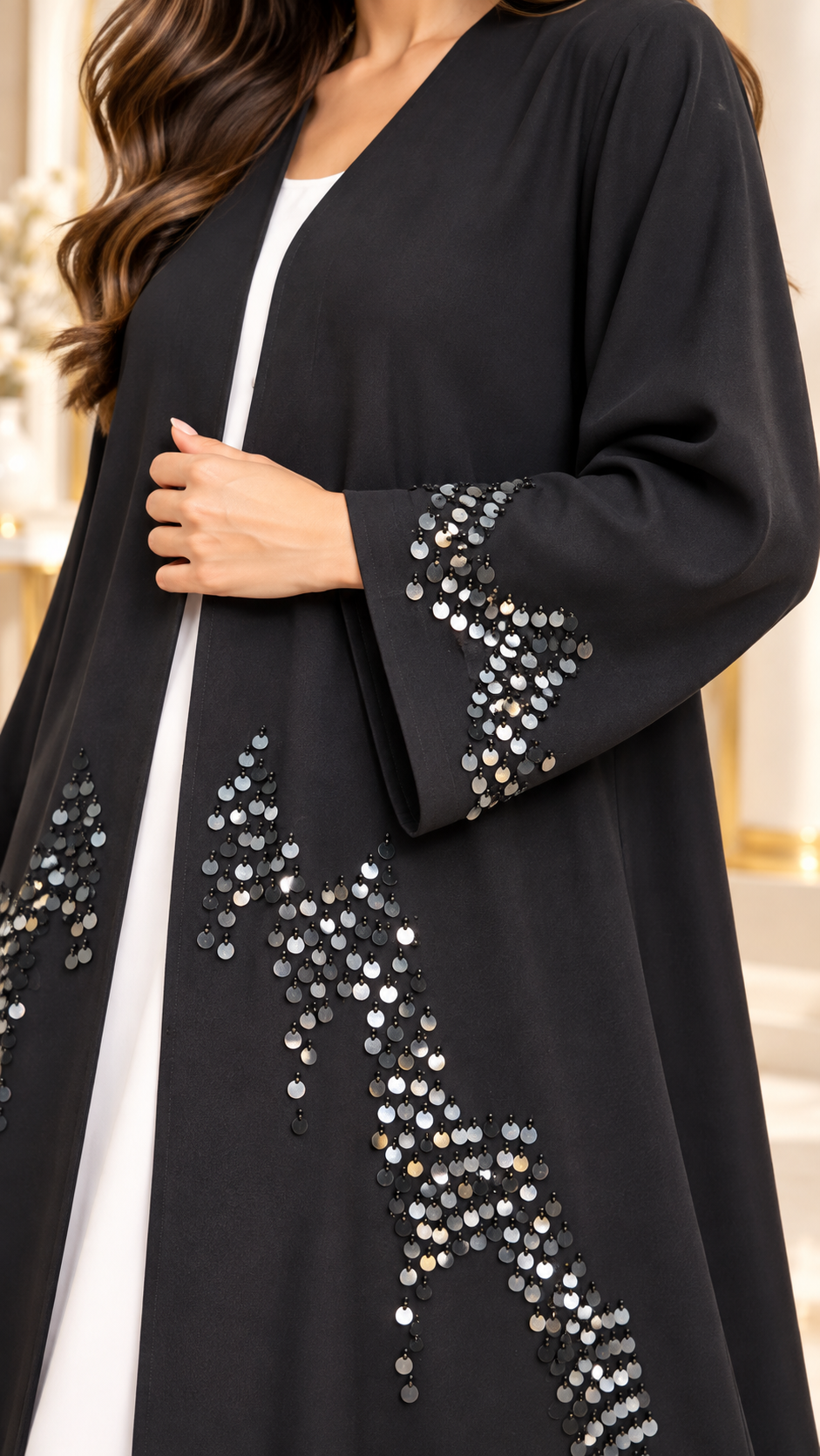 Silver Cascade Embellished Open Abaya - AF1029
