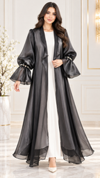Charcoal Organza Ruffle Beaded Open Abaya - AF1030