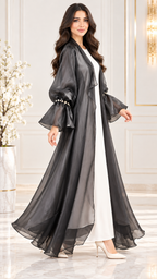 Charcoal Organza Ruffle Beaded Open Abaya - AF1030