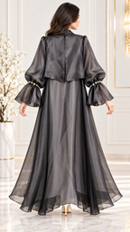Charcoal Organza Ruffle Beaded Open Abaya - AF1030