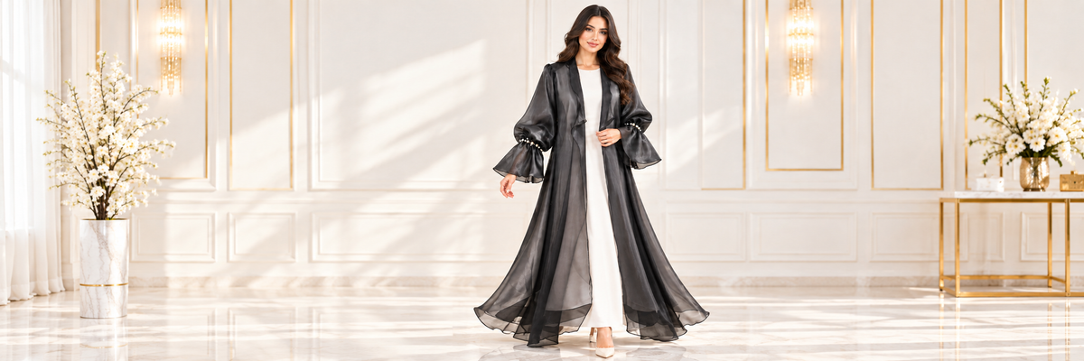 Charcoal Organza Ruffle Beaded Open Abaya - AF1030