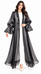Charcoal Organza Ruffle Beaded Open Abaya - AF1030