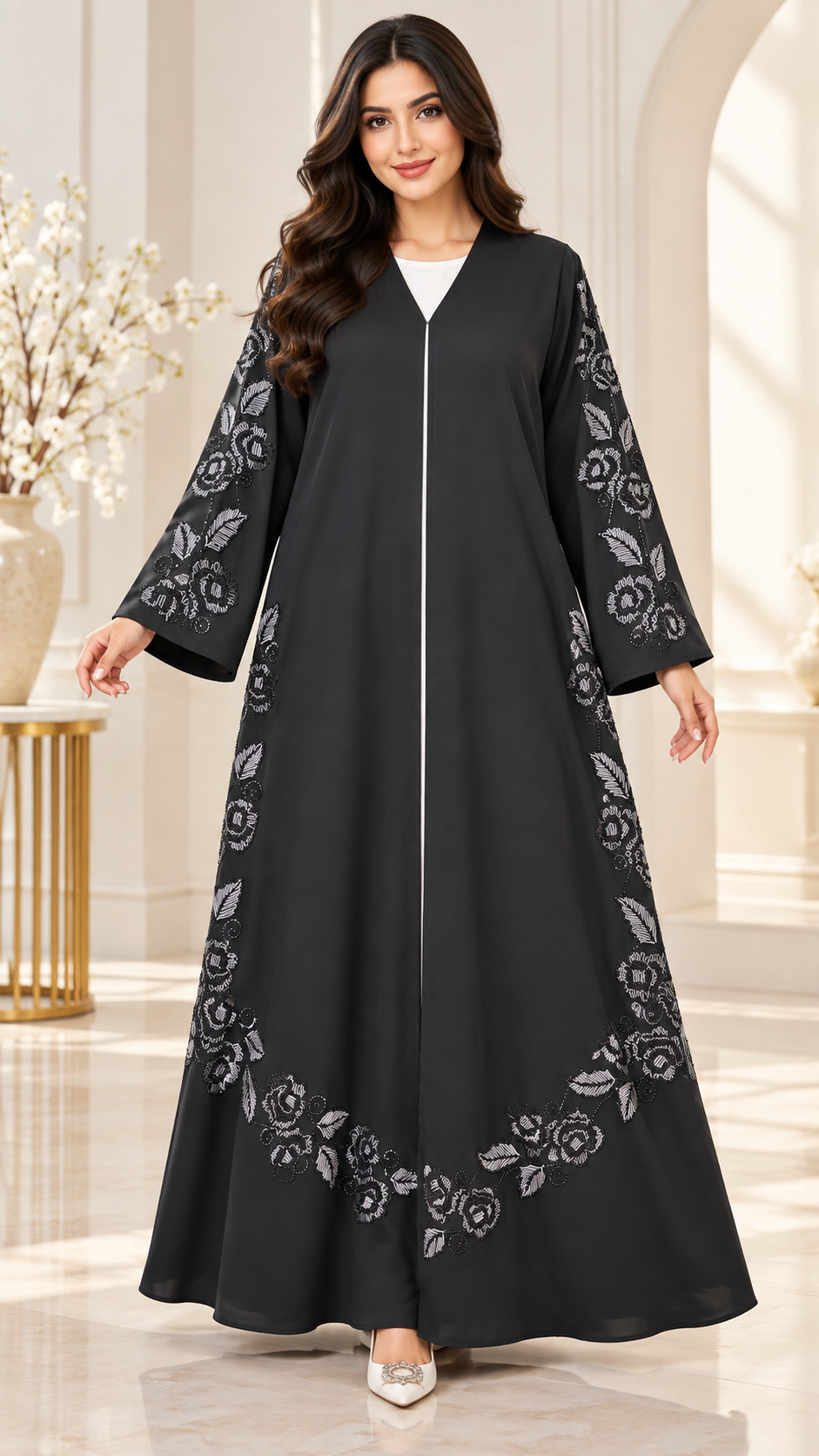 Silver Rose Embroidered Black Open Abaya - AF1031