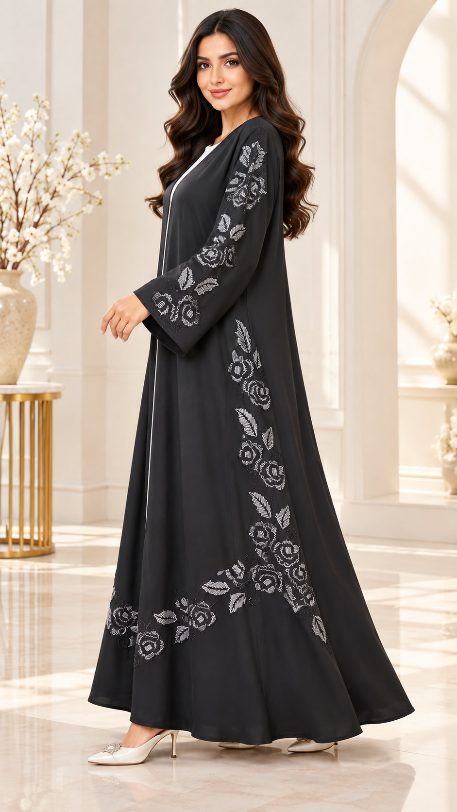 Silver Rose Embroidered Black Open Abaya - AF1031