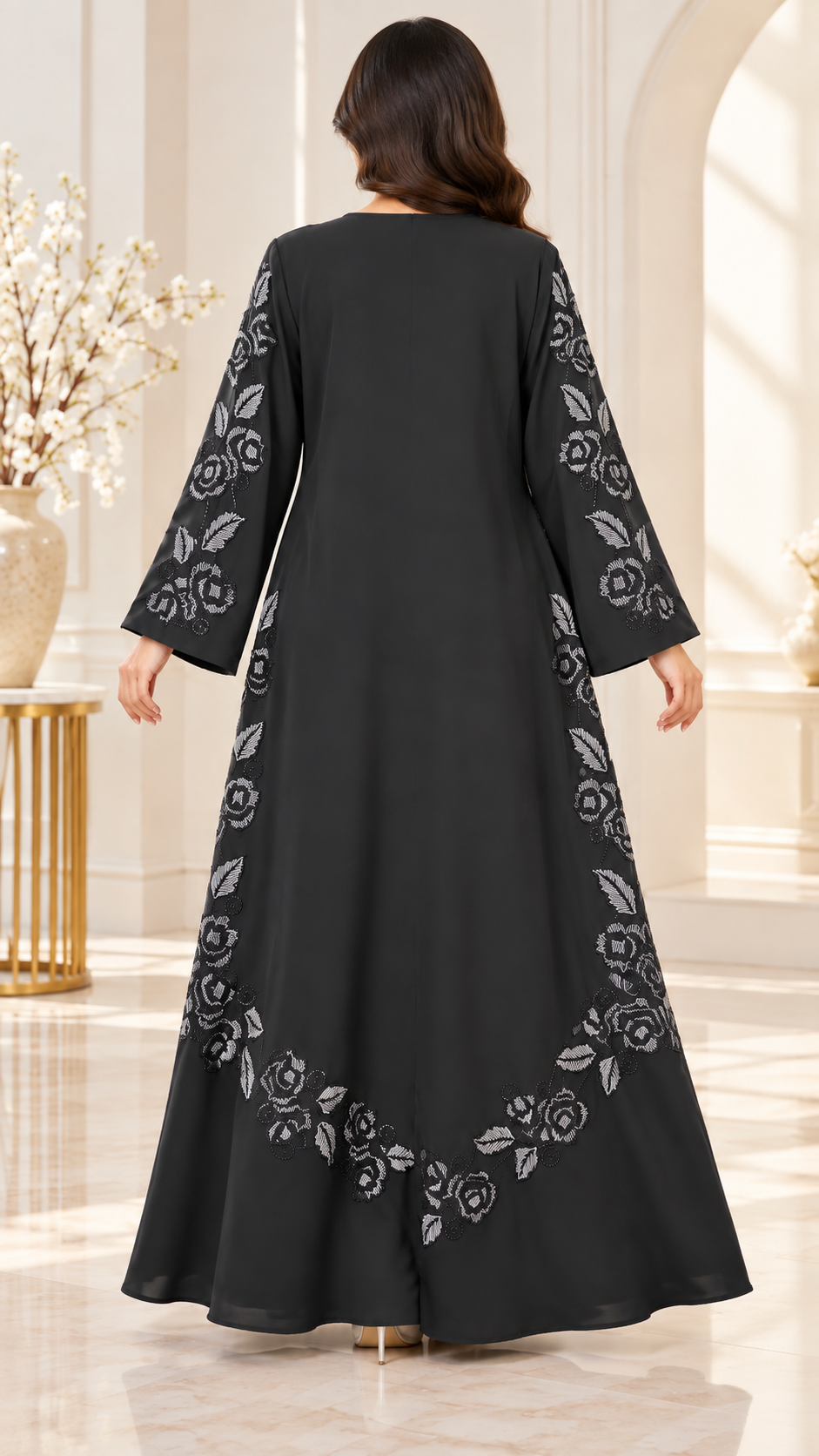 Silver Rose Embroidered Black Open Abaya - AF1031
