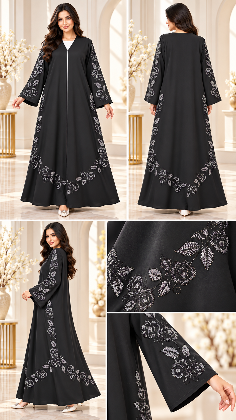 Silver Rose Embroidered Black Open Abaya - AF1031